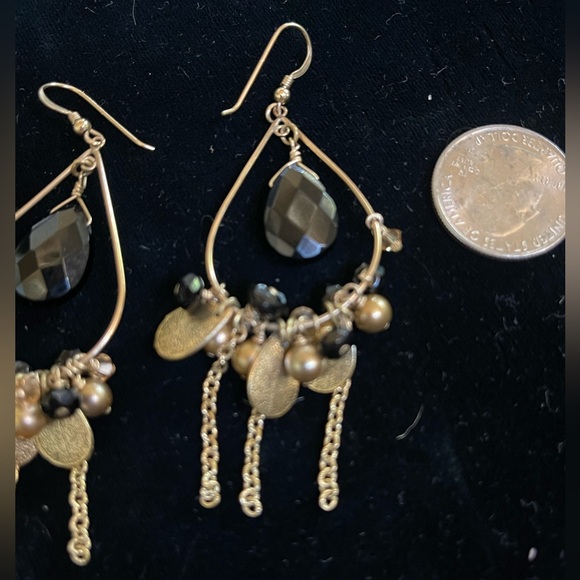 Black Onyx Teardrops Gold color Hoop Earrings with crystals - Picture 2 of 2